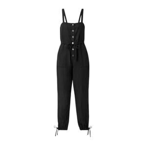 Alice + Olivia Sz 12 Tiana Button Front Jumpsuit Black Linen Blend Summer Casual